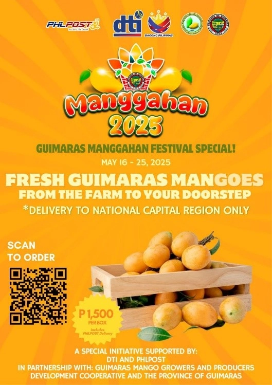 Promotional poster for the Guimaras Manggahan Festival Special 2025, featuring fresh Guimaras mangoes available for delivery to Metro Manila from May 16 to 25, 2025. The poster includes a QR code to order, a price of ₱1,500 per 10kg box, and logos of DTI, PHILPOST, and partner organizations.