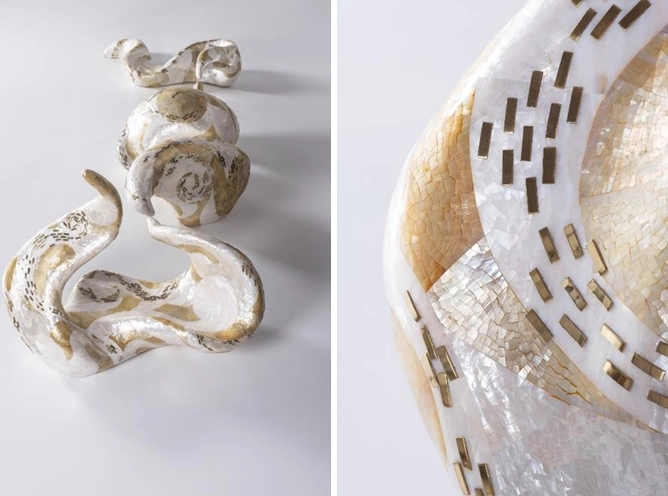 Sculpture titled 'Constellation' by Neil Felipp, crafted from mother-of-pearl, white cabebe shell, white abalone shell, and brass using 3D technology and shell inlay techniques from Cebu. The left side shows the full abstract form with flowing curves, while the right side highlights the intricate mosaic-like inlay of shells and brass.