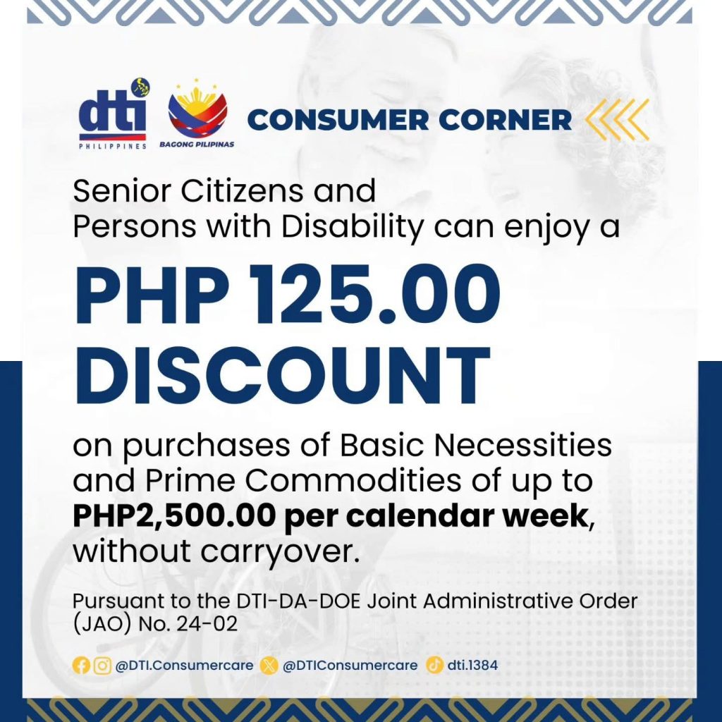 Text on a teal and white graphic announces that Senior Citizens and Persons with Disability in the Philippines can enjoy a PHP 125.00 discount on purchases of basic necessities and prime commodities up to PHP 2,500.00 per calendar week, without carryover. The announcement features the logo of the Department of Trade and Industry (DTI) Philippines and the text "CONSUMER CORNER." It also cites "DTI-DA-DOE Joint Administrative Order (JAO) No. 24-02" as the basis for this discount and provides DTI's consumer care social media handles.