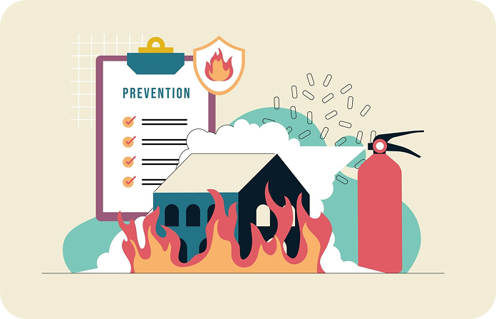 Illustration of a burning house being extinguished by a fire extinguisher, with a checklist labeled "Prevention" and a fire safety shield in the background, symbolizing disaster risk management and resiliency efforts. Illustration of a burning house being extinguished by a fire extinguisher, with a checklist labeled "Prevention" and a fire safety shield in the background, symbolizing disaster risk management and resiliency efforts.