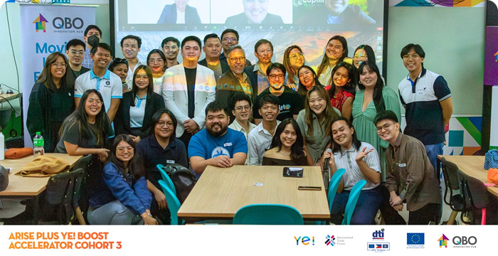 Group photo of ARISE Plus YE! Boost Accelerator Cohort 3 participants, with partner logos from QBO, DTI, EU, and other organizations displayed below Group photo of ARISE Plus YE! Boost Accelerator Cohort 3 participants, with partner logos from QBO, DTI, EU, and other organizations displayed below