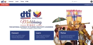 Screenshot of the Malikhaing Pinoy website homepage by the Department of Trade and Industry (DTI), featuring the platform’s three pillars—Connect, Learn, and Thrive—alongside a cultural performance with participants in traditional Filipino attire holding colorful props.