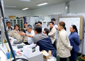 A group of people gathered around a workstation in a technical classroom, discussing electronic equipment and wiring as part of a demonstration related to power bank safety standards. The room contains technical apparatus, storage cabinets, and whiteboards with diagrams.