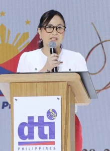 DTI Secretary Cristina Roque speaking at the launch of the Women’s Enterprise Fund, highlighting support for women-led MSMEs