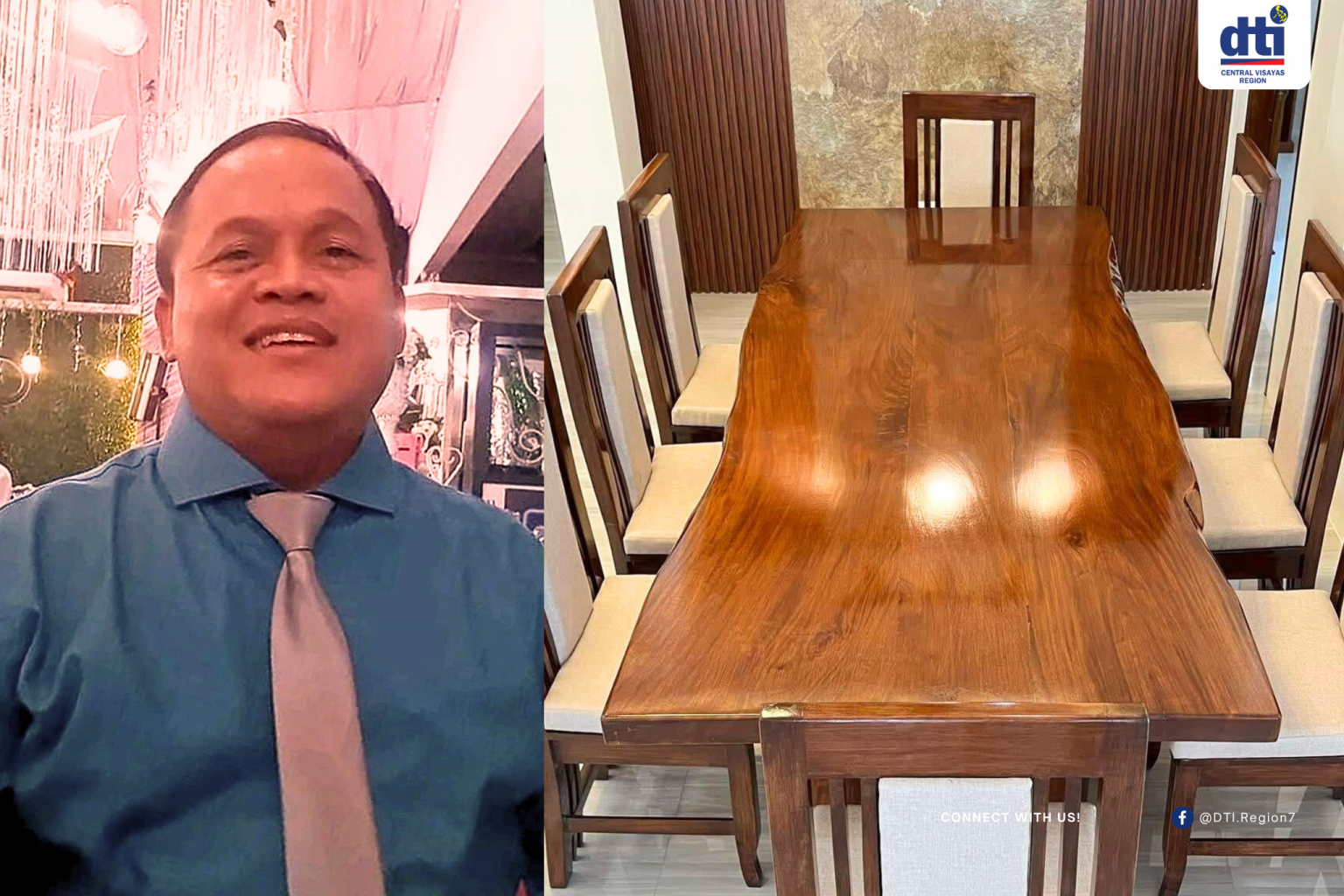 A Suyman Furniture artisan stands beside a finely crafted wooden dining set, symbolizing the blend of craftsmanship and entrepreneurship that transformed a backyard passion into a thriving family business in Bohol, supported by DTI Region 7. A Suyman Furniture artisan stands beside a finely crafted wooden dining set, symbolizing the blend of craftsmanship and entrepreneurship that transformed a backyard passion into a thriving family business in Bohol, supported by DTI Region 7.