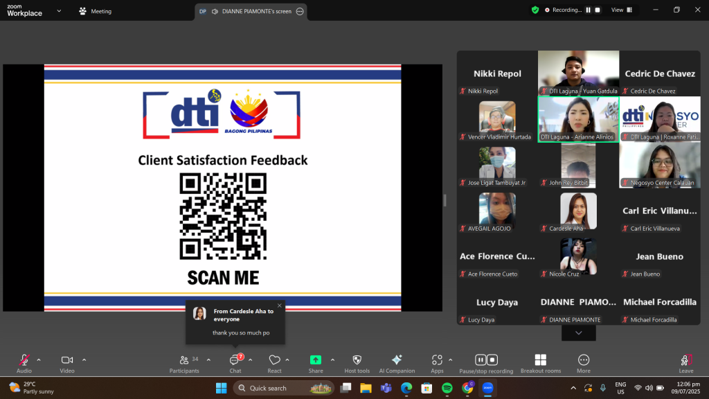 Screenshot of DTI-Laguna’s webinar titled “Quality Customer Service: Tulay sa Negosyong Panalo” showing participants and speakers empowering microentrepreneurs.