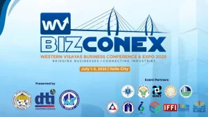 Promotional banner for the Western Visayas Business Conference & Expo 2025 (WV-BIZCONEX), scheduled for July 1–2, 2025, in Iloilo City. The banner features the event logo, the tagline 'Bridging Businesses • Connecting Industries,' and logos of DTI Region VI, the Regional Development Council, and partner organizations.