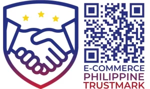 Logo of the E-Commerce Philippine Trustmark featuring a handshake inside a shield with three yellow stars, alongside a QR code and the label 'E-Commerce Philippine Trustmark'—symbolizing trust and legitimacy in online transactions.