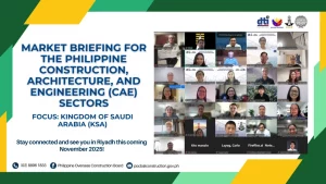 Philippine CAE sector representatives attend virtual market briefing on Saudi Arabia hosted by POCB, preparing for the 2025 Middle East Construction Business Mission