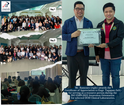 Collage of photos from the ISO 15189:2022 Awareness Orientation for selected DOH Clinical Laboratories. Includes group photos from Day 1 and Day 2, an audience listening to a presentation, and Mr. Ramones awarding a Certificate of Appreciation to Engr. Tagapan for serving as a resource person.