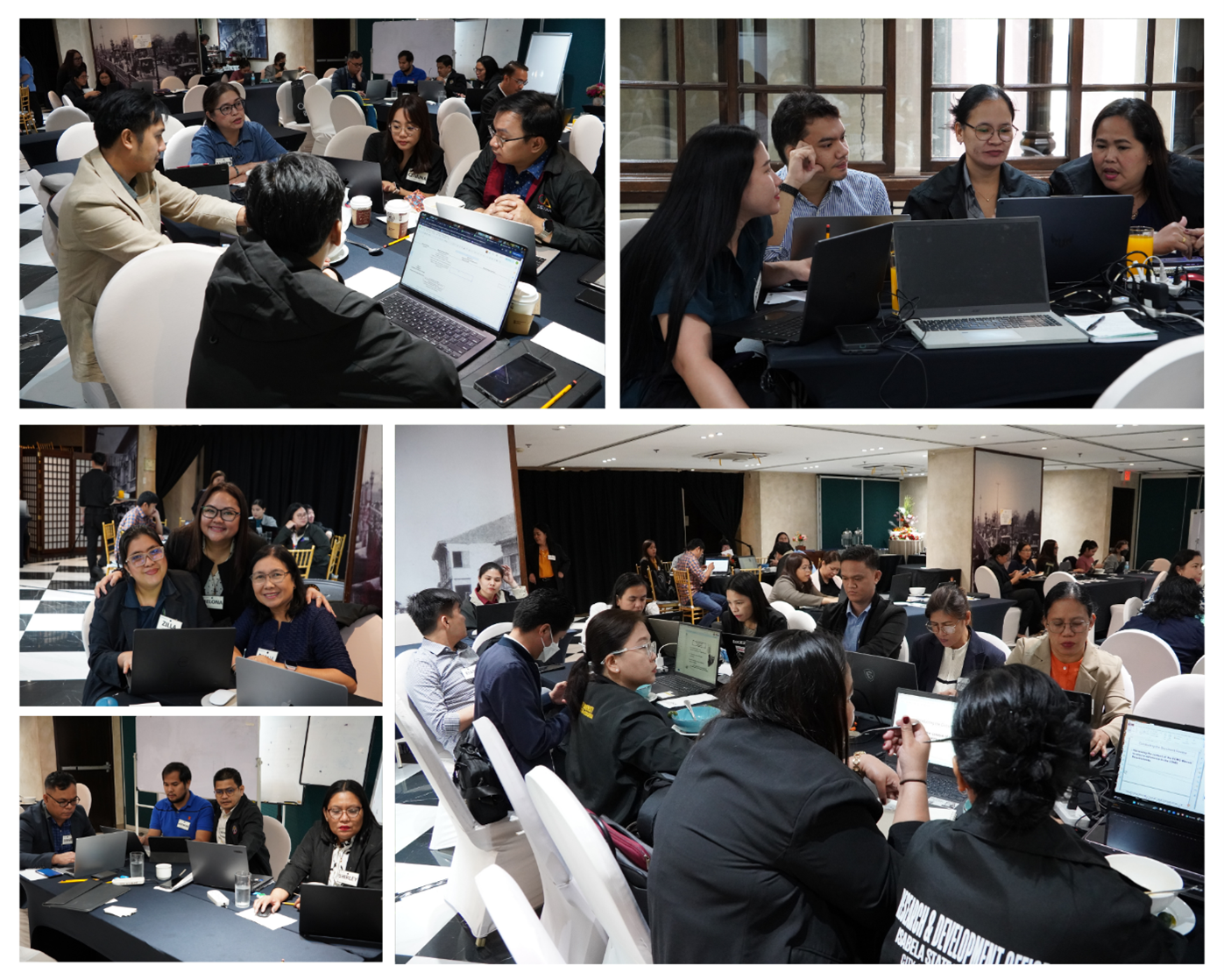 Collage of photos from the DTI-PAB ISO 21001 EOMS training workshop, showing participants seated at tables with laptops, collaborating on group activities and drafting documentation during the hands-on sessions.