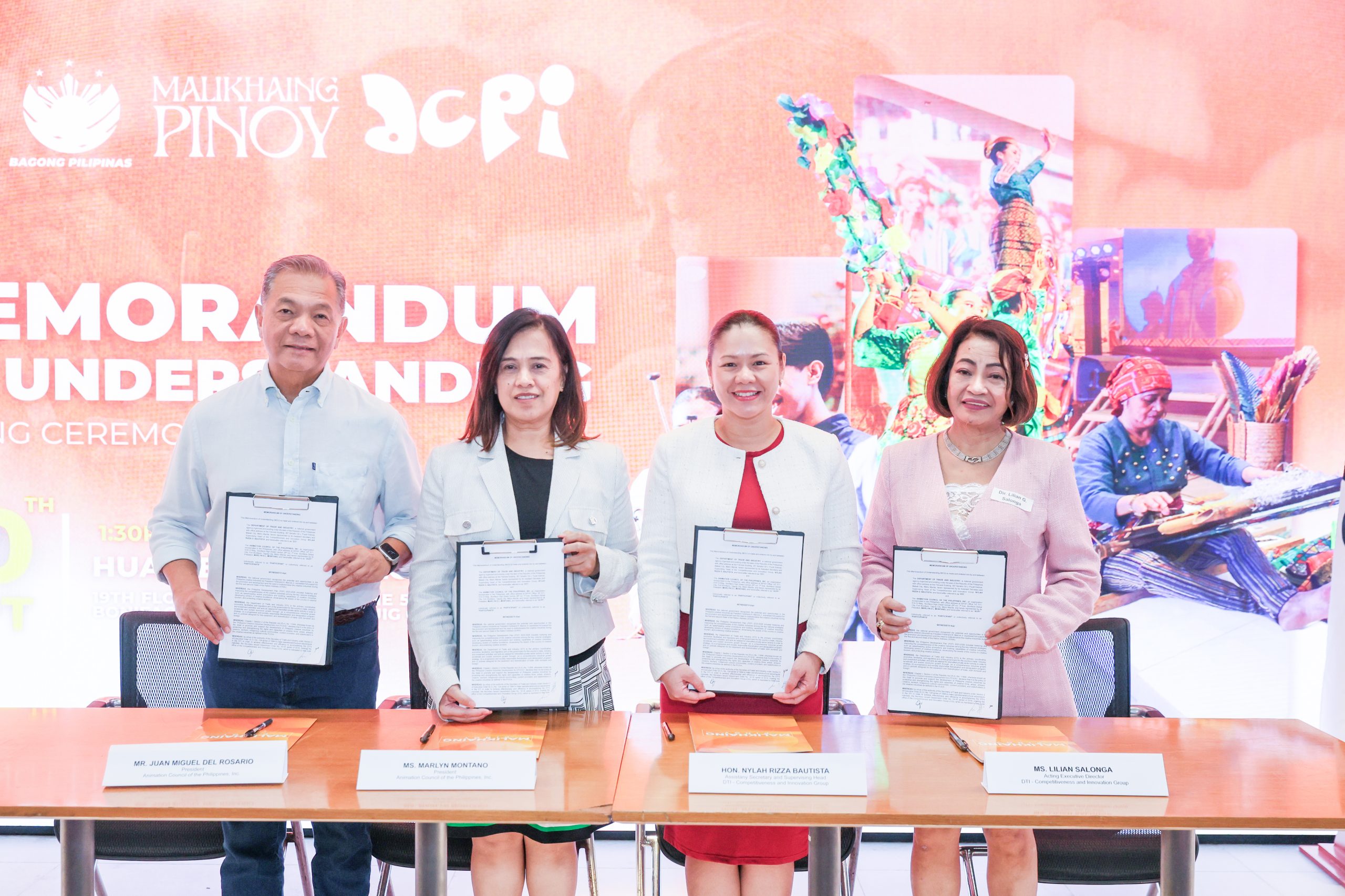 (From L-R) Animation Council of the Philippines (ACPI) Chairman Juan Miguel del Rosario, ACPI President Marlyn Montano, DTI-Competitiveness and Innovation Group Assistant Secretary and Supervising Head Nylah Rizza Bautista, and DTI-Philippine Creative Industries Development Secretariat Acting Executive Director Lilian Salonga